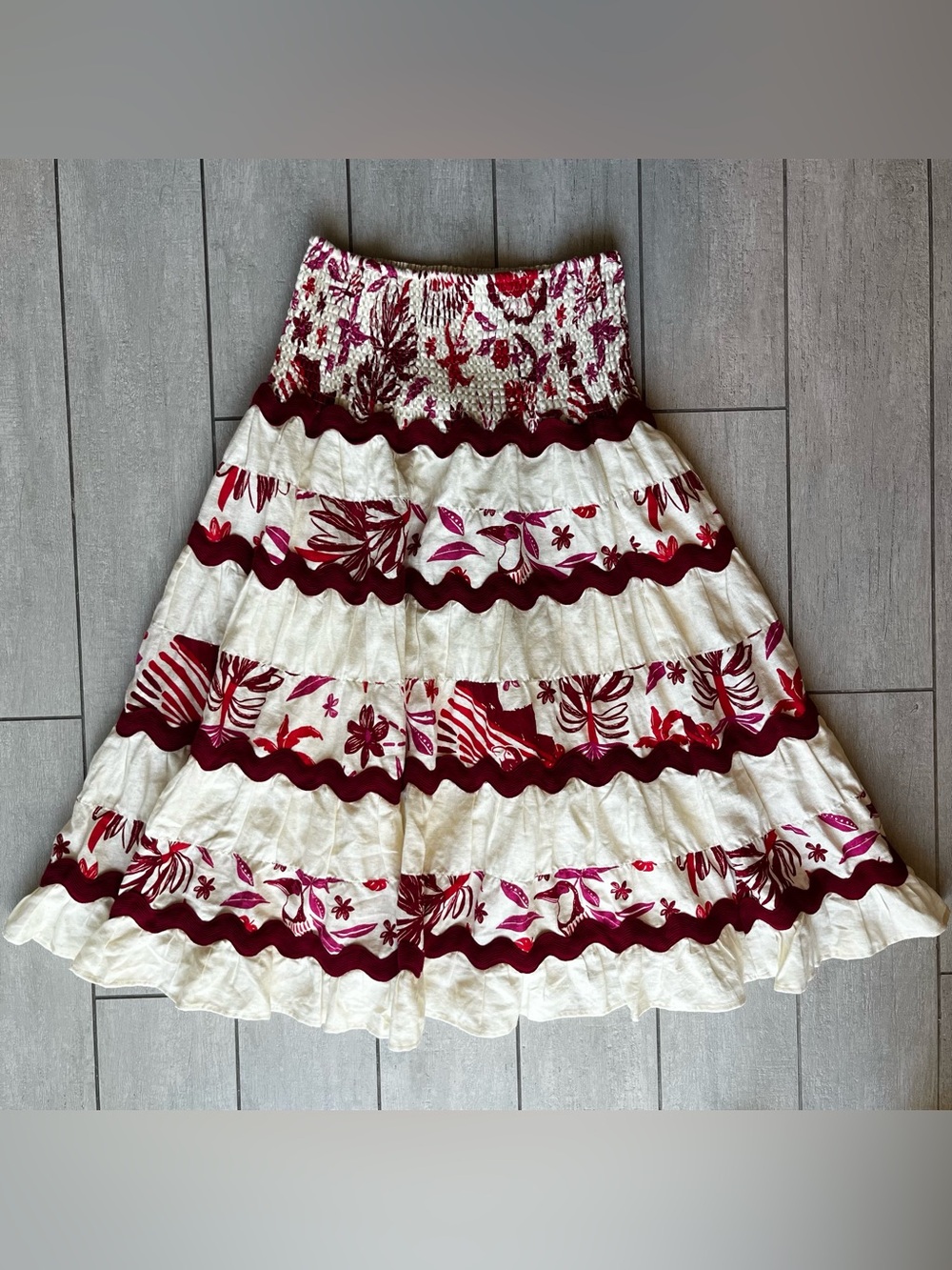 Caroline Constas Island Floral Smocked Waist Tiered Skirt Size S